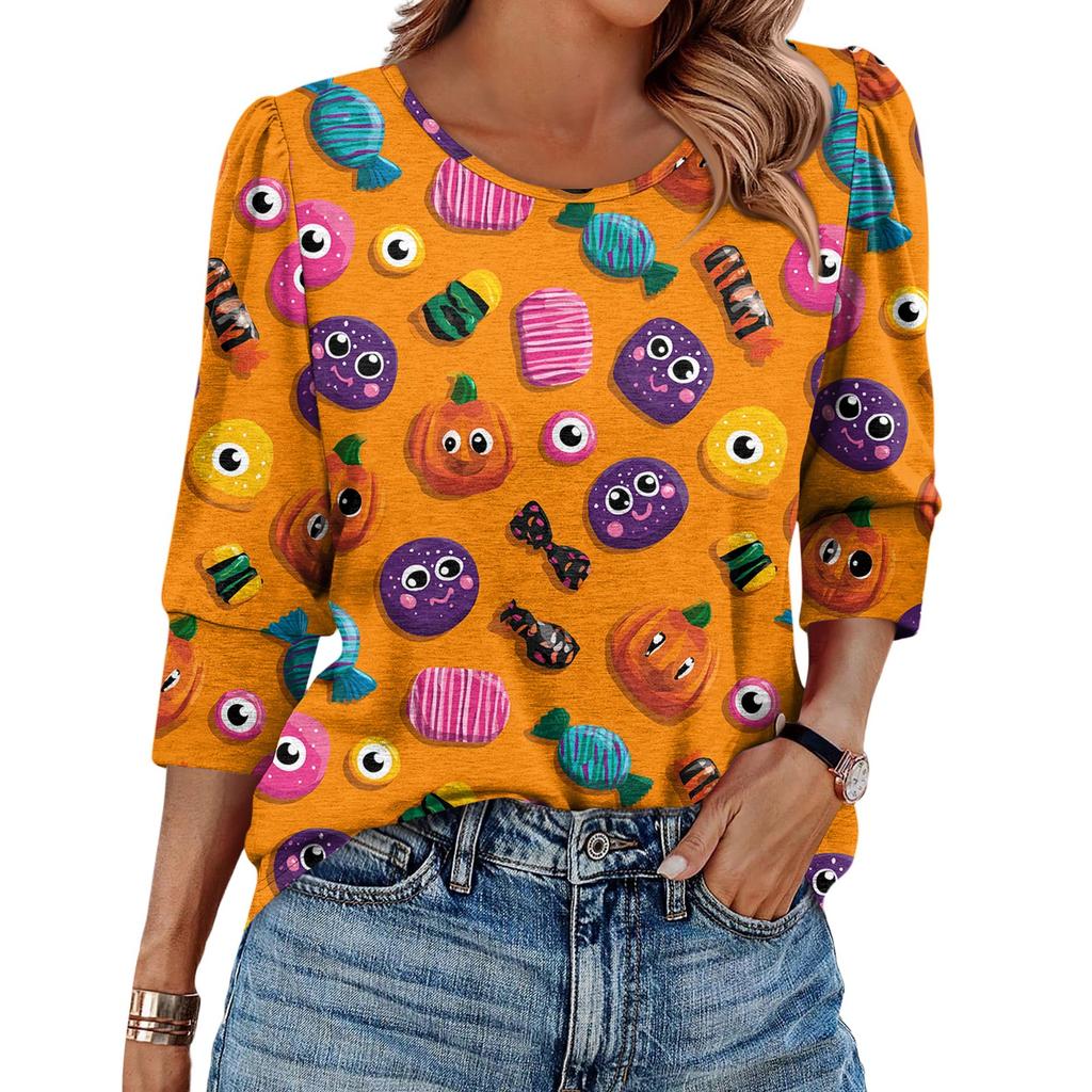 Damen Modisches Lässiges Rundhals Siebenviertelärmel Halloween Bedrucktes Puffärmel Oberteil