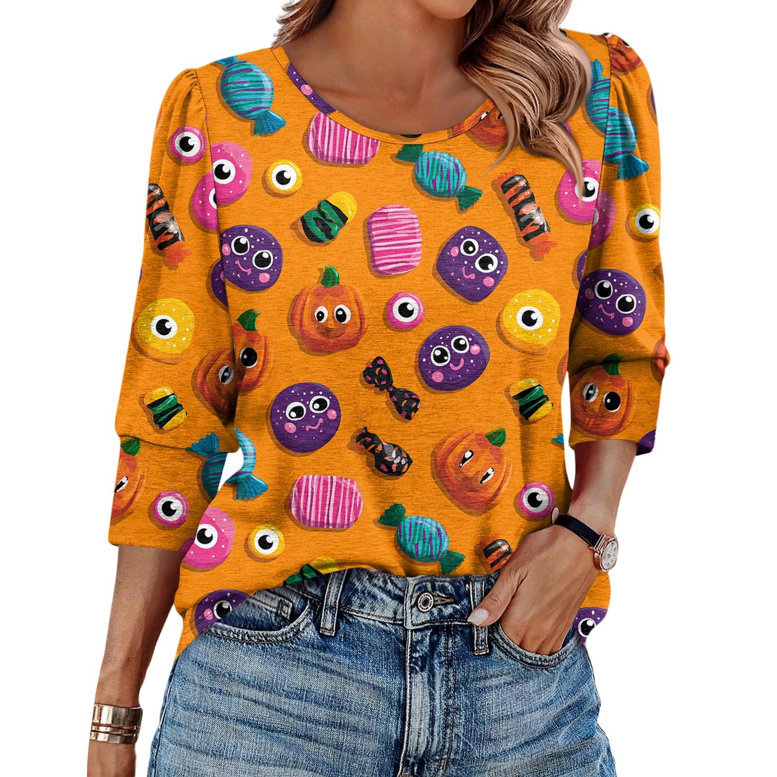 

Женская модная повседневная футболка с круглым вырезом, рукавом три четверти и принтом на Хэллоуин L оранжевый