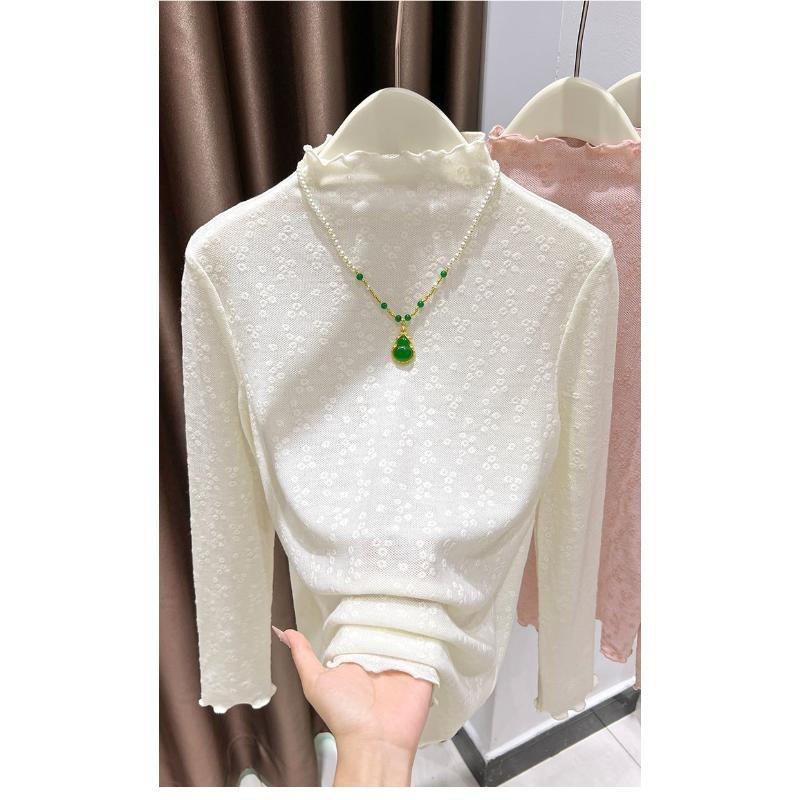Elegant and Exquisite Jacquard Lace Bottoming Shirt for Women Elegant Suspender Skirt and Half Turtleneck Top with Earrings