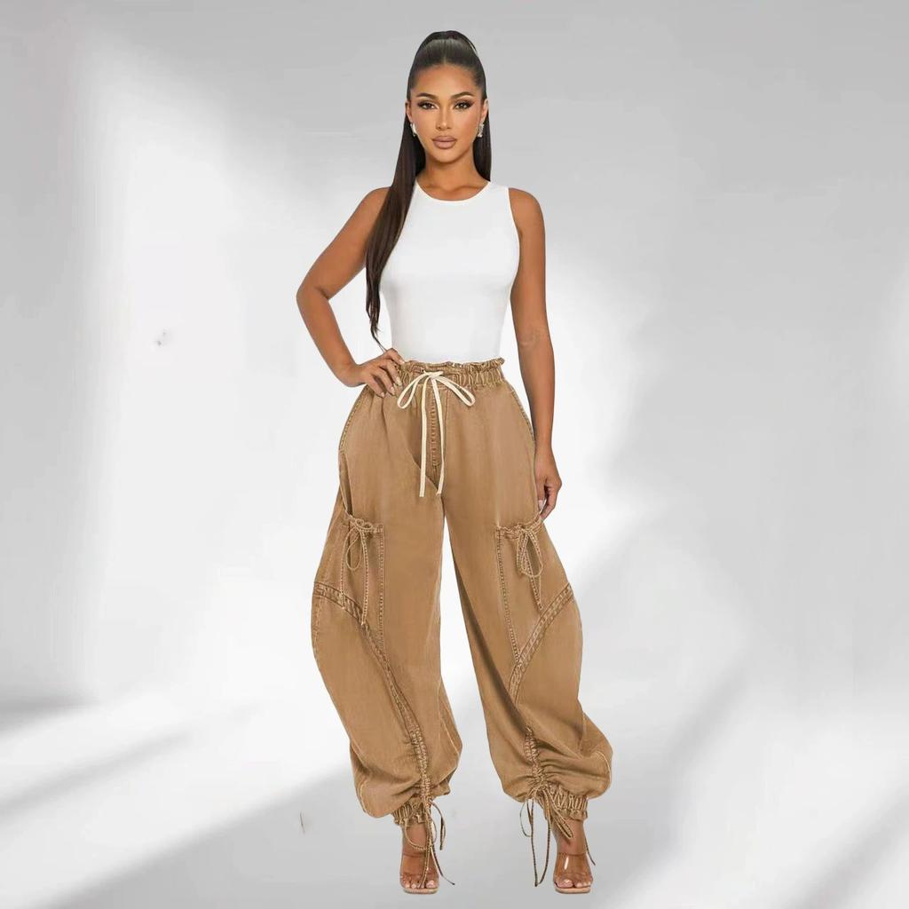 Sexy Wide Leg Jeans with Lacing Cargo Pants Women High-waisted Elegant Streetwear Denim Loose Trousers