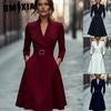 Women's Fashion Autumn Winter Solid Color Print Long Sleeve V-Neck Casual Dresses