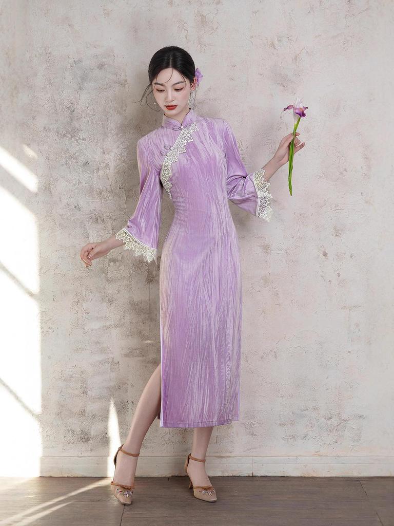 Youthful Purple Cheongsam: New 2025 Autumn/Winter Long Sleeve Chinese Style Dress