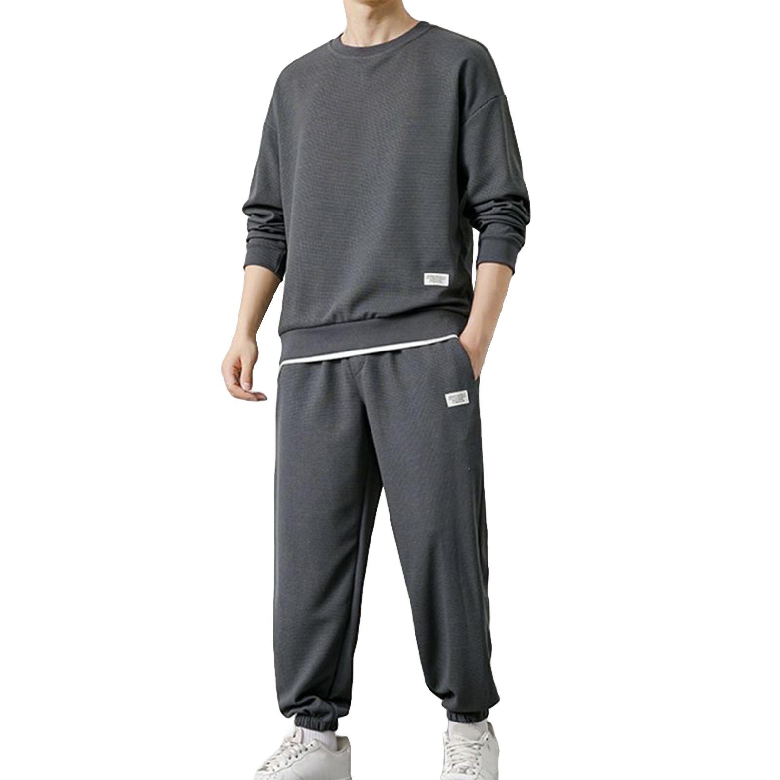 

Мужской однотонный повседневный модный комплект с длинным рукавом и круглым вырезом, топ и спортивные штаны XXXL