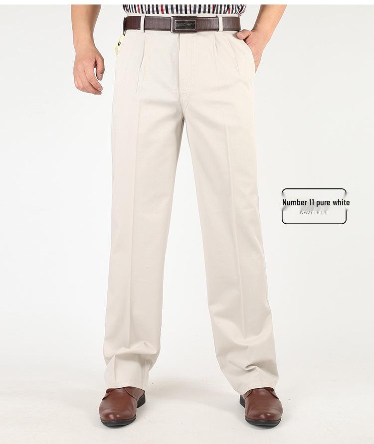 Pantaloni Casual de Vară din Bumbac cu Croială Largă pentru Bărbați - Talie Înaltă, Picior Drept, Cu Pliuri Duble pentru Bărbați de Vârstă Mijlocie și Vârstnici