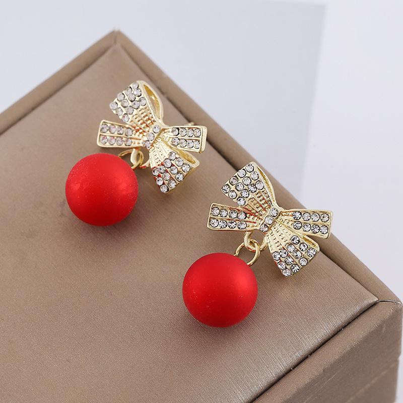 Elegant Red Faux Pearl & Diamond Bow Earrings for Women - Festive and Fashionable Holiday Accessories