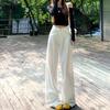 Women's Spring/Summer White High-Waisted Straight Leg Jeans with Pleated Design Loose Wide-Leg Floor-Length Trousers