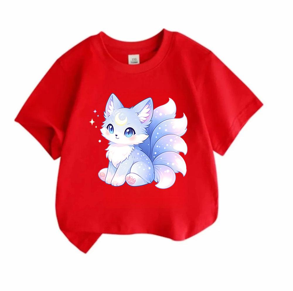 Kids Boys Girls 100% Cotton Crew Neck Short Sleeve T-Shirt, Cute Glowing Crescent Moon Star Fox Print Soft Casual Tee for Children Daily Wear