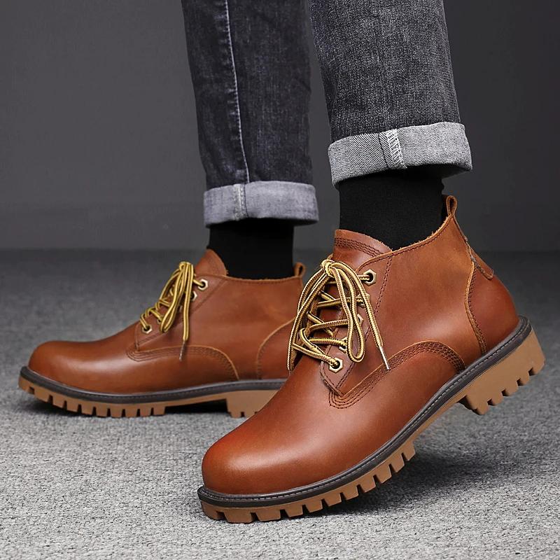 Fashion Handmade Winter Boots for Men Genuine Leather Male Comfortable Basic Boots Lace-Up Men's Motorcycle Boots Low Top Walking Shoes