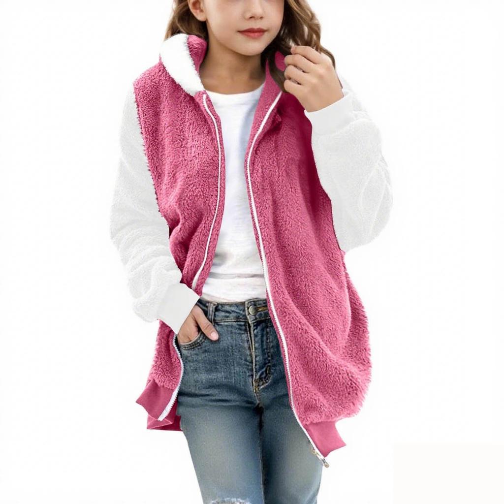 Fashionable Children's Solid Color Long-sleeved Hooded Pocket Plush Coat