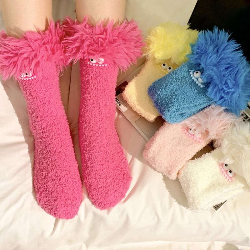 Crazy Big Mouth Monster Plush Socks Thickened Coral Fleece Cartoon Sleep Socks Winter Warm Soft Home Socks For Women Girls