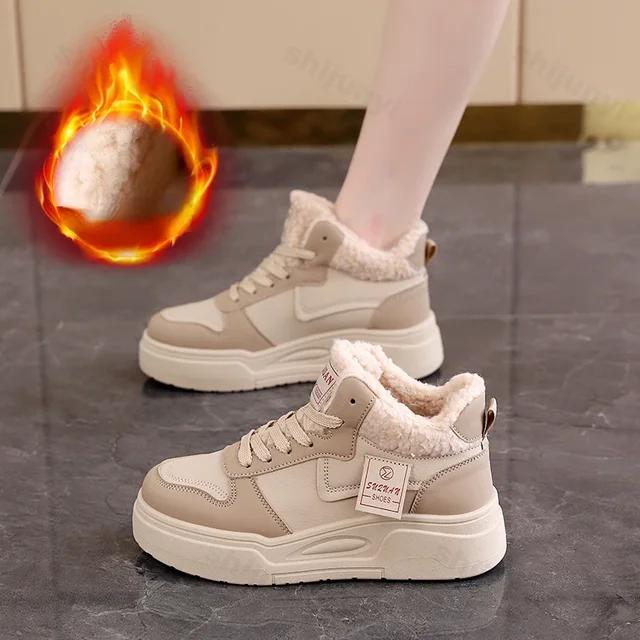 Winter Sports Shoes, Women's New Style with Fleece Insulation, High Top Cotton Shoes, Lace Up Thick Soled Casual Sports Shoes
