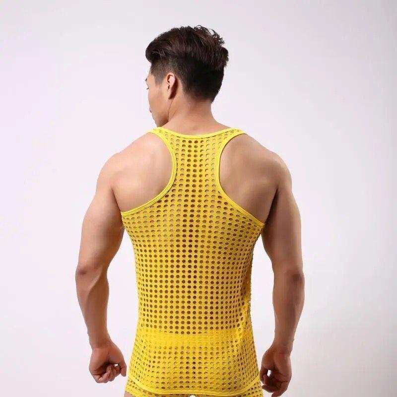 Fashion Round Neck Solid Color Tank Tops Men's Hollow Out Grid Mesh Breathable Sleeveless Summer