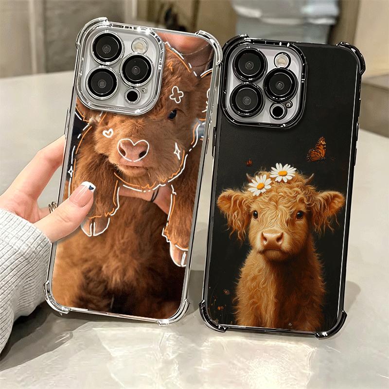 Cute Highland Cow Plating Phone Case For Iphone 16 17 Pro Max Air 16E 14 15 Plus 12 13 Mini Anti-Fall Airabag Cover