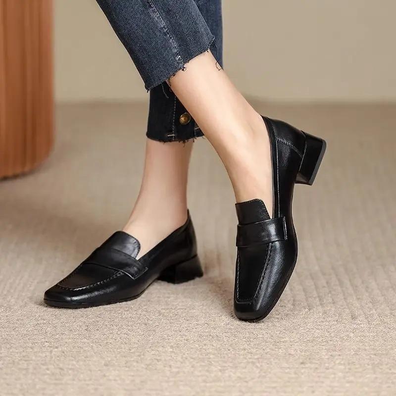 Women's Soft Leather Loafers Spring Autumn Soft Slip On Chunky Heel Versatile Loafers Women British Style Shoes