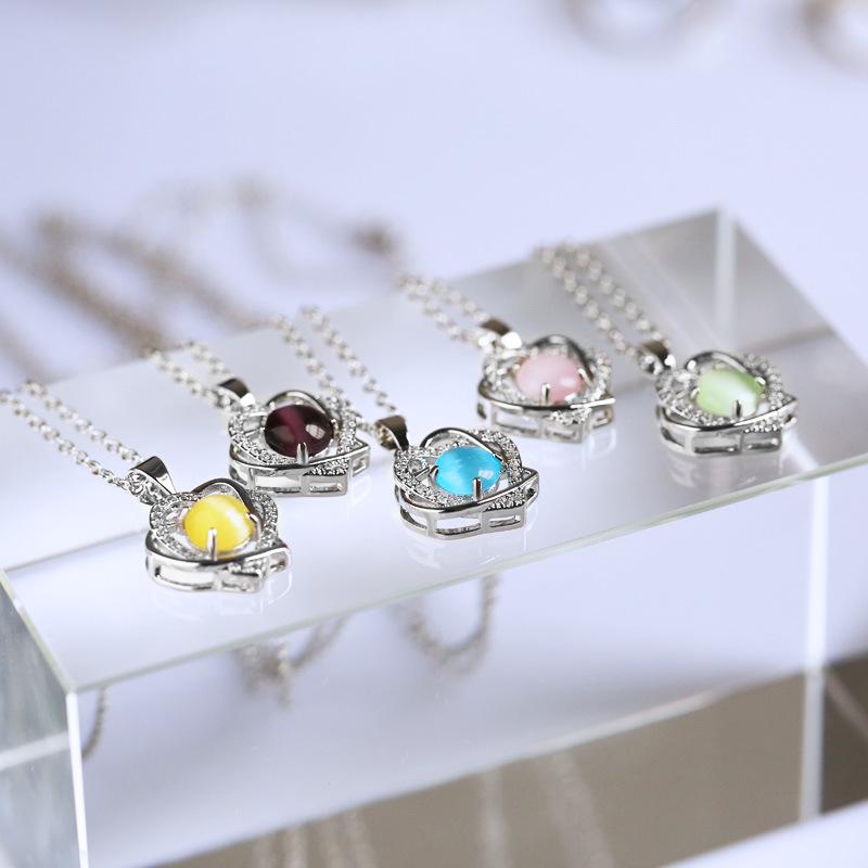 Silver Plated Cat's Eye Stone Double Heart Pendant Necklace, Sparkling CZ Halo Cable Chain Necklace for Women