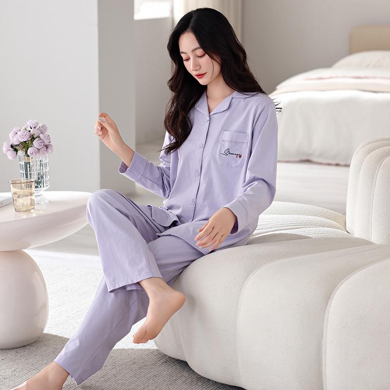 Pull Frame Cotton Pure Cotton Pajamas Women'S Long-Sleeved Simple Outer Wear Loungewear Set