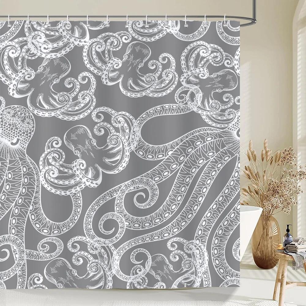 1 Pcs Cartoon Shower Curtain Cartoon Ocean Fish Style Printed Polyster Cloth Home Decoration Bathroom Curtain with Hooks