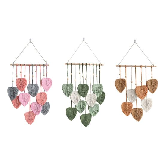 Wall Decor Large Boho Macrame Handmade Yarn Woven Wall Art Leaf Tapestry Wall Hanging with Faux Feathers for Home Decor