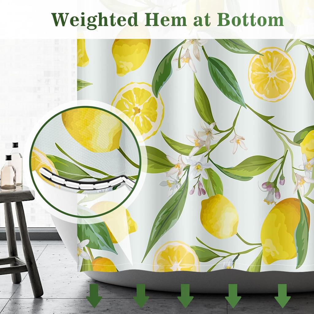 Zitronenfrucht Duschvorhang - Gelbe Zitrone Grüne Blätter Pflanze Floral Modern Natur Stoff Tuch Bad Duschvorhang