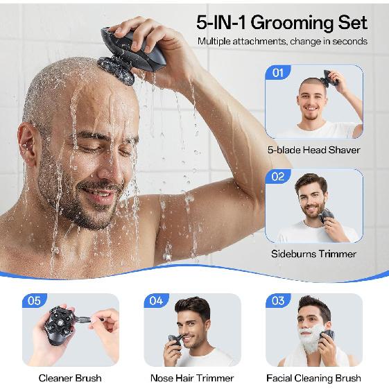 Electric Razor for Men, Head & Body Hair Shaver for Men, Cordless Rechargeable Wet/Dry Bald Head & Groin Waterproof Razor with Rotary
