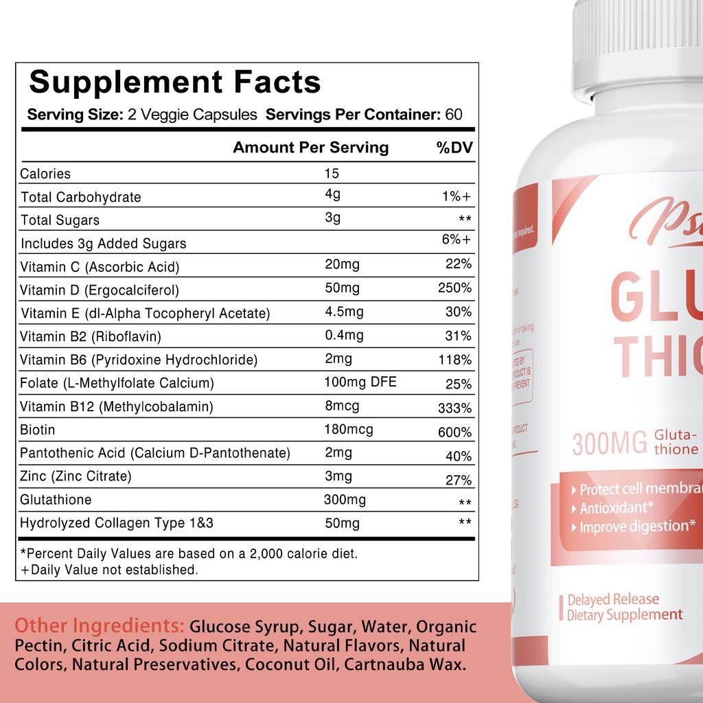 Glutathione Blend, Containing Vitamin C Extract, Helps Restore Skin Health, Aids In Whitening, Suitable for Adults, Vegan.