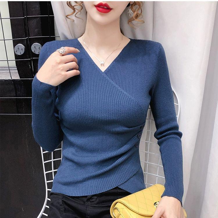 Korean Slim-Fit V-Neck Knit Sweater for Spring & Autumn - Women's Long-Sleeve Top