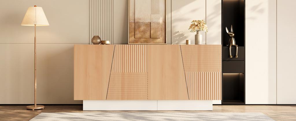 Sideboard, Living Room Cabinet, Geometric Groove Structure, 4 Doors, 2 Separate Storage Spaces, Height-Adjustable Shelves