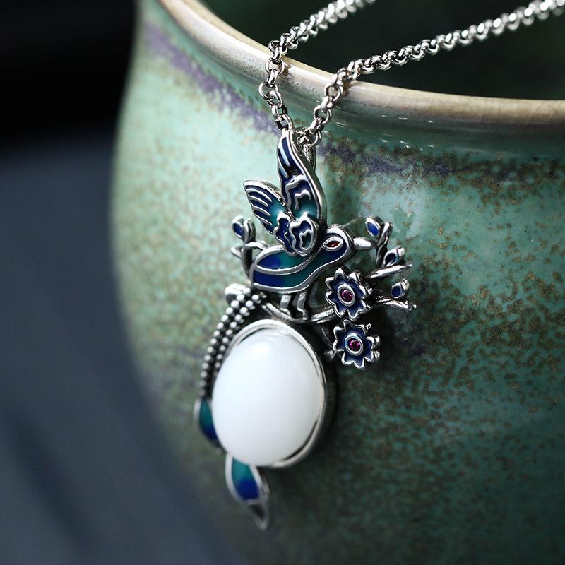 Artistic Thai Silver Enamel Magpie & Jade Pendant Necklace
