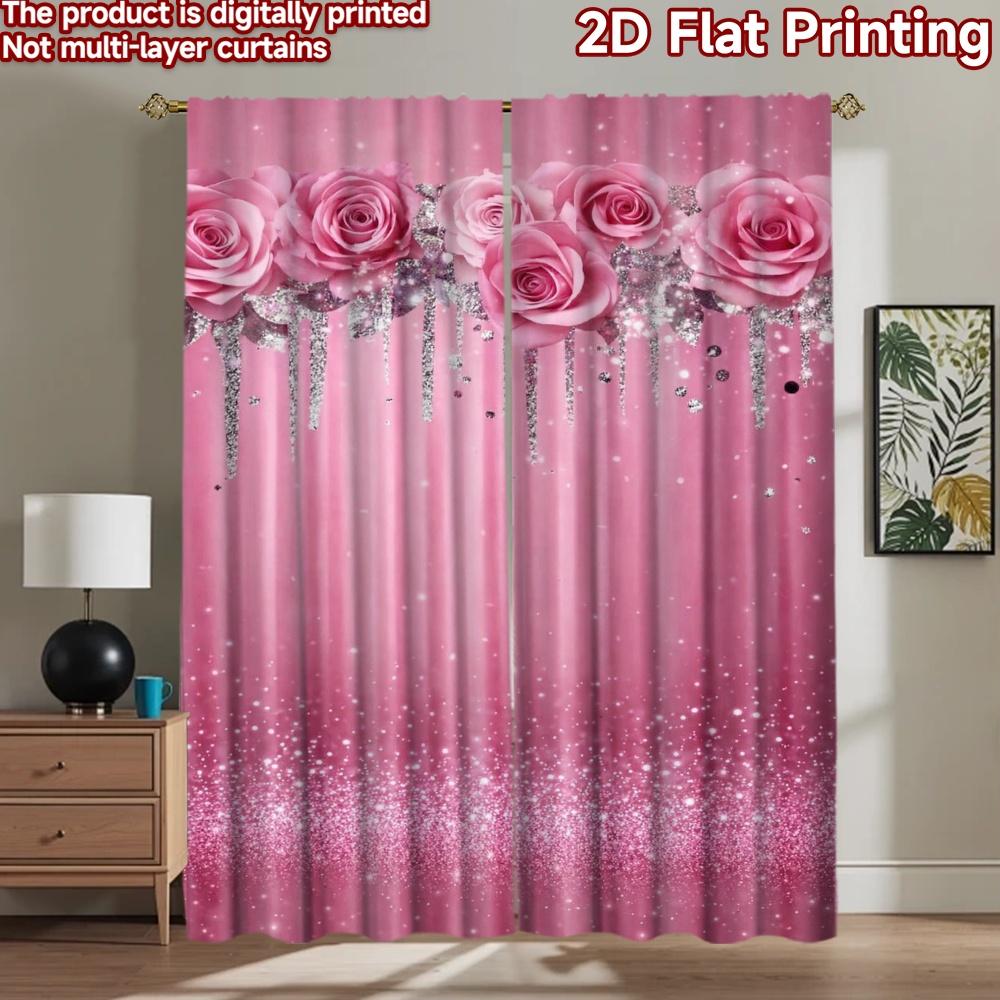 2D flat printing 2pcs Curtain Window Curtains Birthday Pink Roses Sparkle Digital Printed Polyester Drapes Party Decorations Use 60×150cm(23.6×59in)