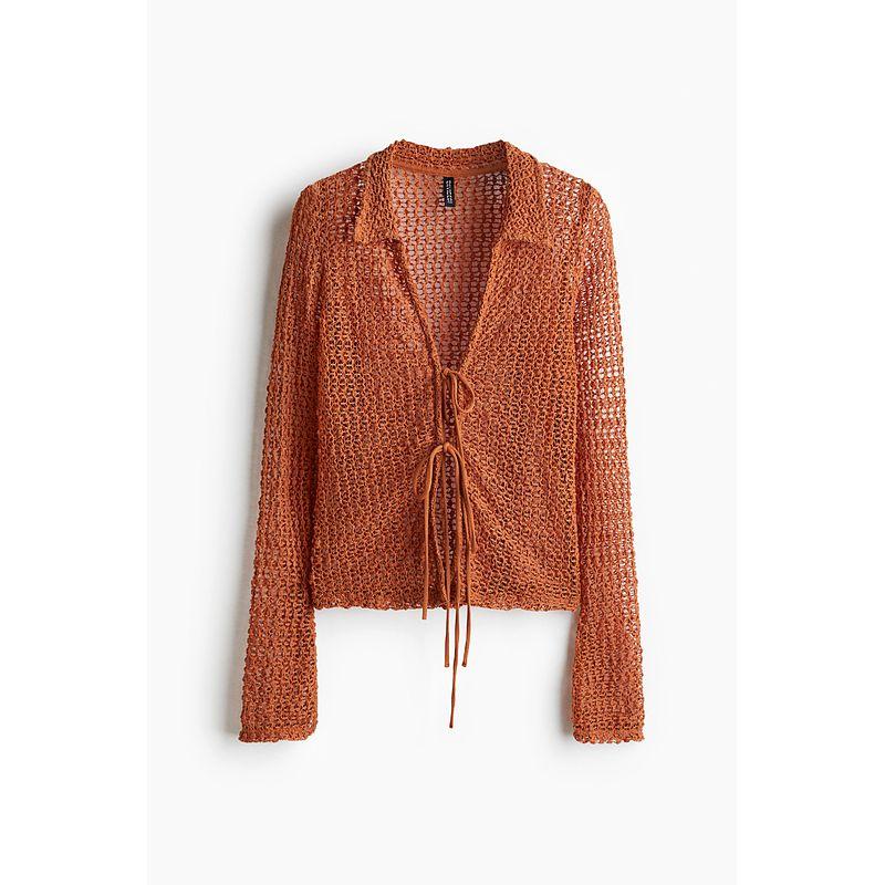 

HM 2025 Summer New Arrival Women s Clothing Fashion Casual Front Shoelace Openwork Knitted Top 1302192