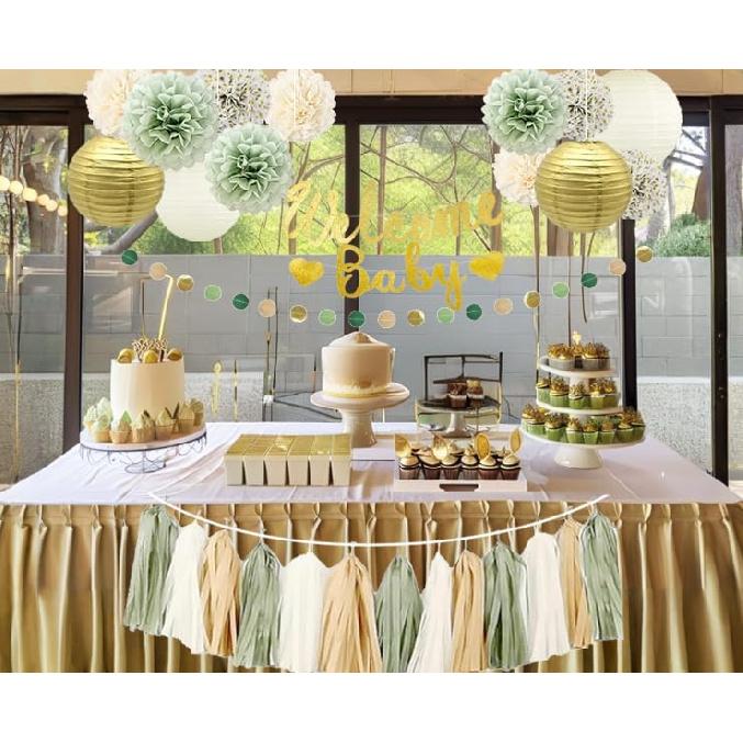 Baby Shower Decorations Neutral Sage Green and Gold Party- Welcome Baby Banner,Tissue Pom Poms,Paper Lanterns,Circle Dot & Tassel Garland- Baby