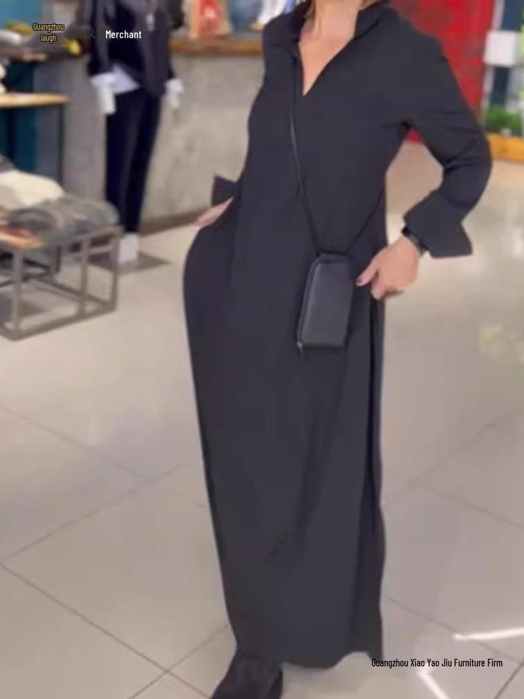 2026 Autumn/Winter European American Casual Solid Color V-Neck Long Sleeve Dress for Women