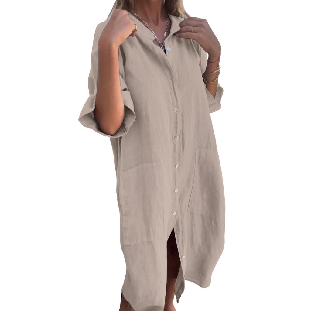 Women's Fashion Casual Button Cardigan Cotton And Linen Color Dress With Pockets