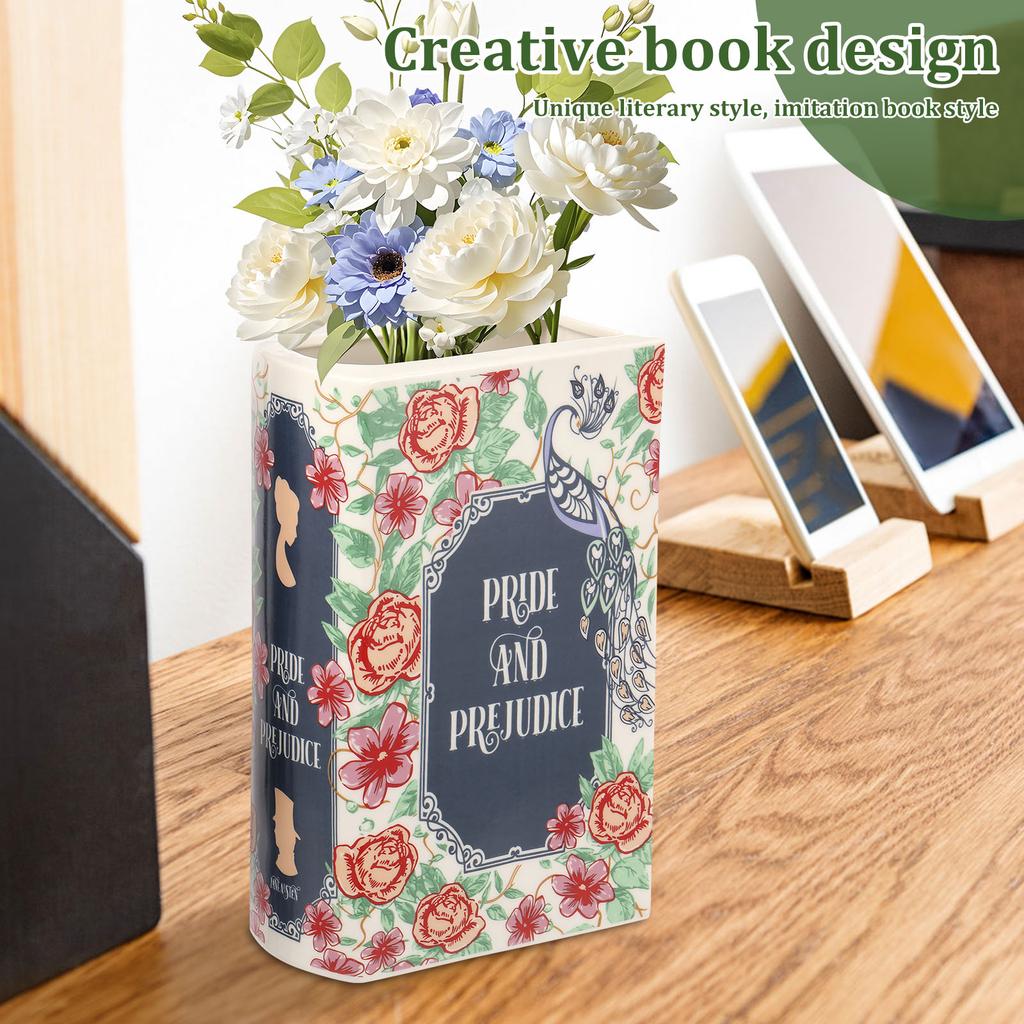 Book-shaped Flower Vase Decorative Retro Prints Ceramic Vases Desktop Ornament Home Living Room Bookshelf Office Decoration