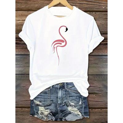 Weißes Flamingo-Print DAMEN-T-Shirt | Rosa Flamingo, Kurzarm, Rundhalsausschnitt, Lässiges Strandparty-Outfit, Ganzjahres-Vielseitige Freizeitkleidung