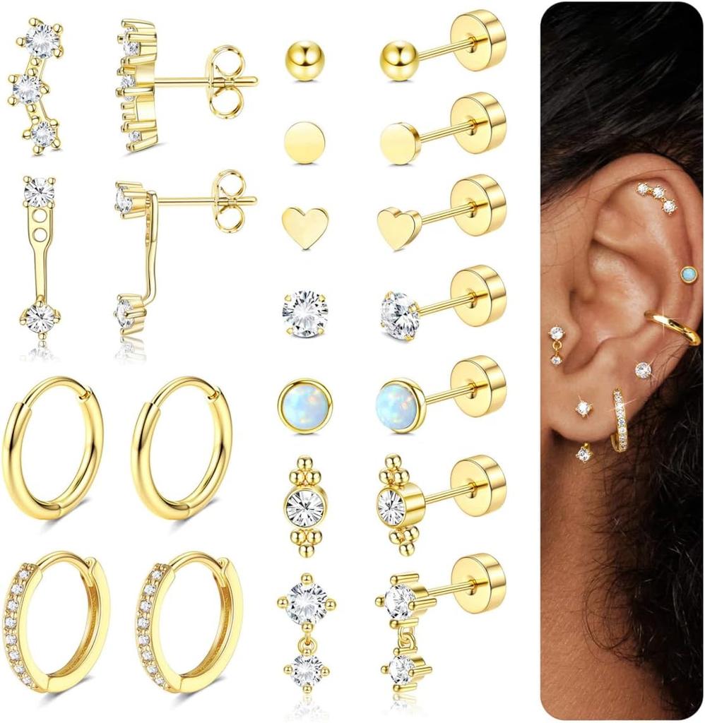 Bobisty Flat Back Stud Earrings for Women Trendy Surgical Steel Earrings 14K Gold Plated Cartilage Earring Set Stacks Piercing