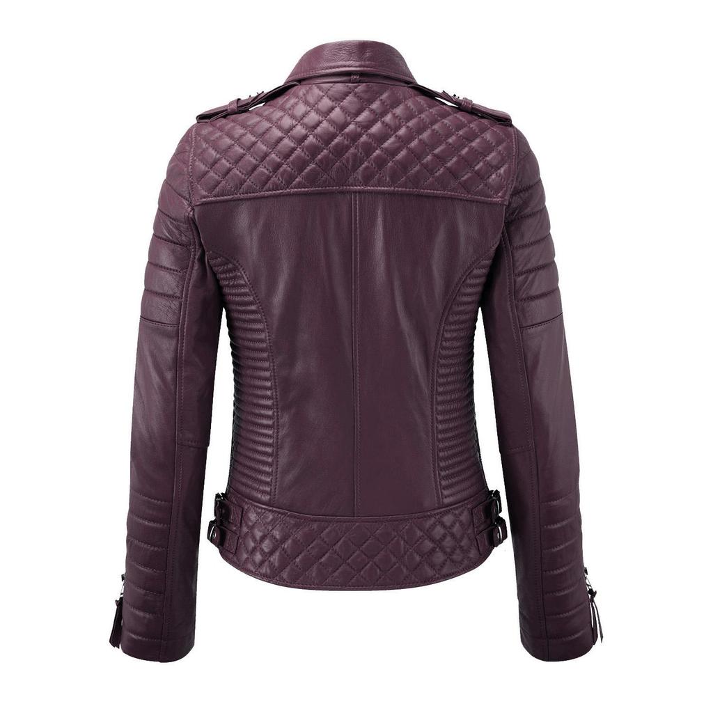 SKINOUTFIT Damska Skórzana Kurtka Motocyklowa Prawdziwa Burgundowa Skóra Jagnięca Cafe Racer Biker Odzież Wierzchnia