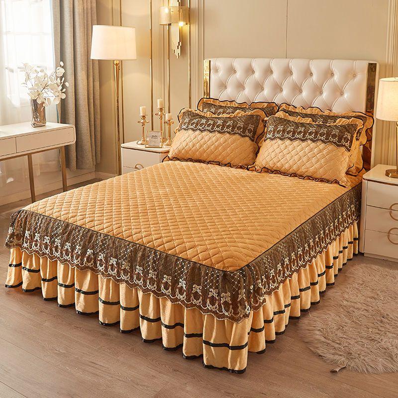 3-teiliges gestepptes Bettvolant-Set Prinzessin Spitze Verdickte Bettdecke, Yamame Rutschfeste Bettdecke Schutzhülle Bettwäsche Vier Jahreszeiten