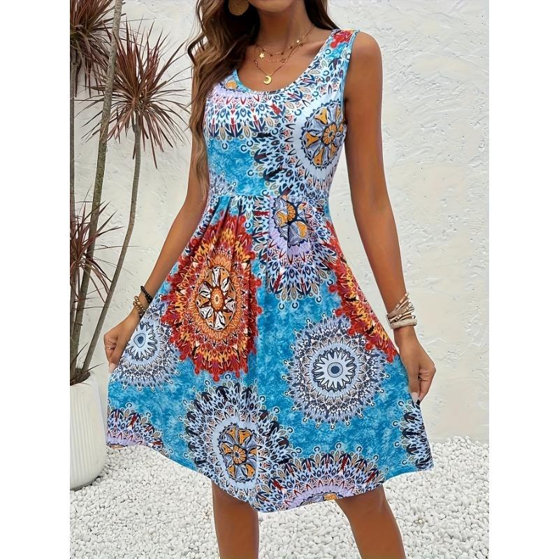 Vacation oriented spring and summer new all-over printed women s vest dress S