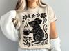 Linocut Mouse Coffee T-Shirt, Block Print Rat Tea Shirt, Folk Art Animal Graphic Tee, Floral Hot Drink Rodent Top, Whimsical Nature T-Shirt