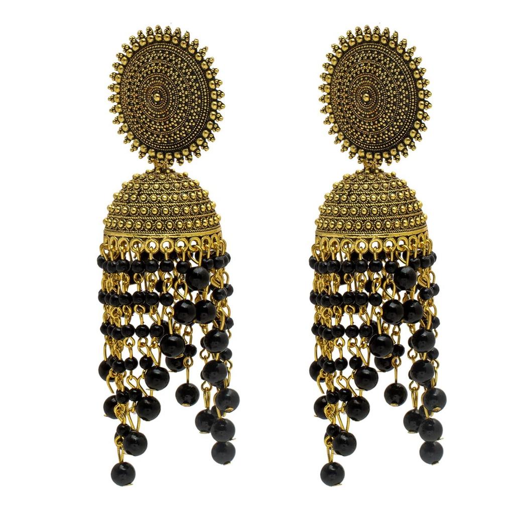 Women's Traditonal Indian Antique Gold Plated Black Meenakari, Pearls Jhumka Earrings