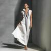 Damen V-Ausschnitt Ärmellos Weiter Bein Jumpsuit Lockerer Sitz Hoher Bund Kontrastfarbe Maxi Jumpsuit