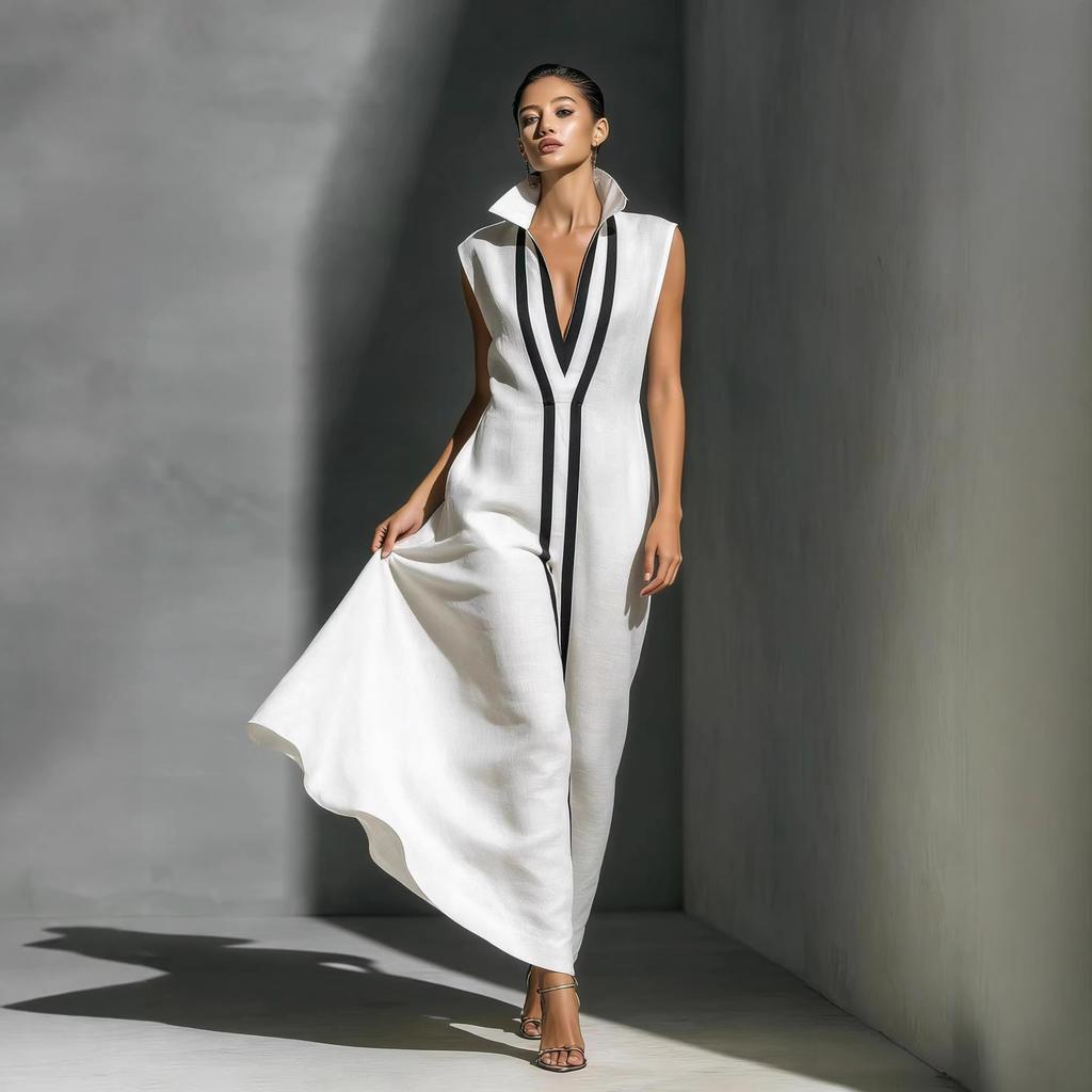 Damen V-Ausschnitt Ärmellos Weiter Bein Jumpsuit Lockerer Sitz Hoher Bund Kontrastfarbe Maxi Jumpsuit