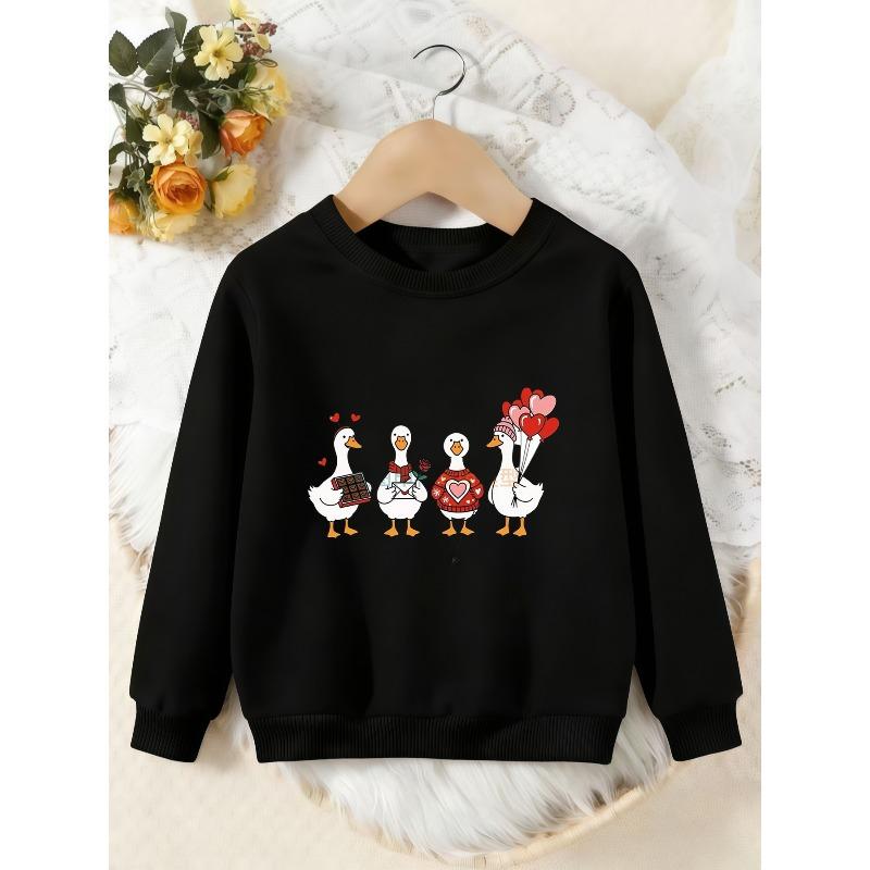 Unisex Kids Crewneck Sweatshirt, Cute Cartoon Love Duck Heart Balloon Print Long Sleeve Pullover, Boys Girls Sweatshirt For Kids Over 4 Years Old 110