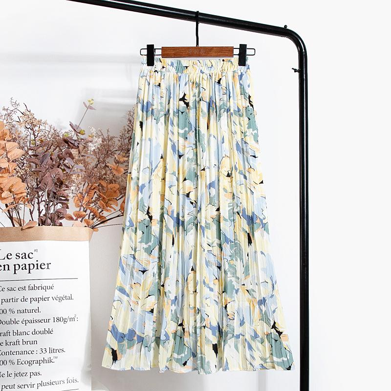 

Женская юбка Qooth с цветочным принтом, летняя юбка-миди трапециевидной формы с высокой талией, пляжная шифоновая элегантная плиссированная юбка QT1378 free size синий