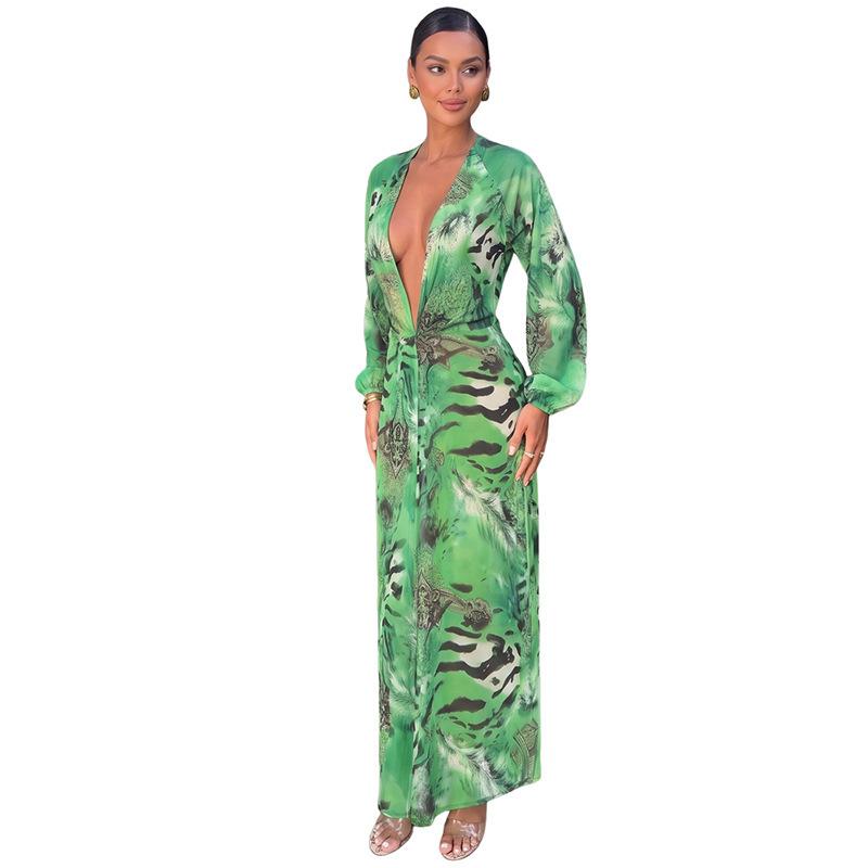 KDA European and American style summer new women's clothing sexy backless deep V split long-sleeved dress