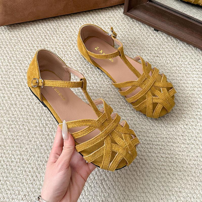 Flache gewebte Hohlsandalen Damen Sommer neue lässige weiche Sohle nicht müde Füße schwangere Frauen Tasche Kopf Sandalen