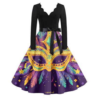 Damen Casual Mode V-Ausschnitt Langarm Bedruckt Vintage Langes Kleid