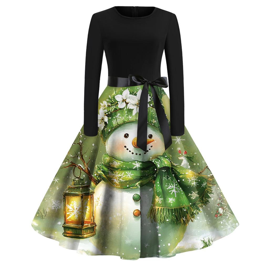 Women's Fashion Round Casual Slim Fit Christmas Print Large Swing Long Sleeve Dress