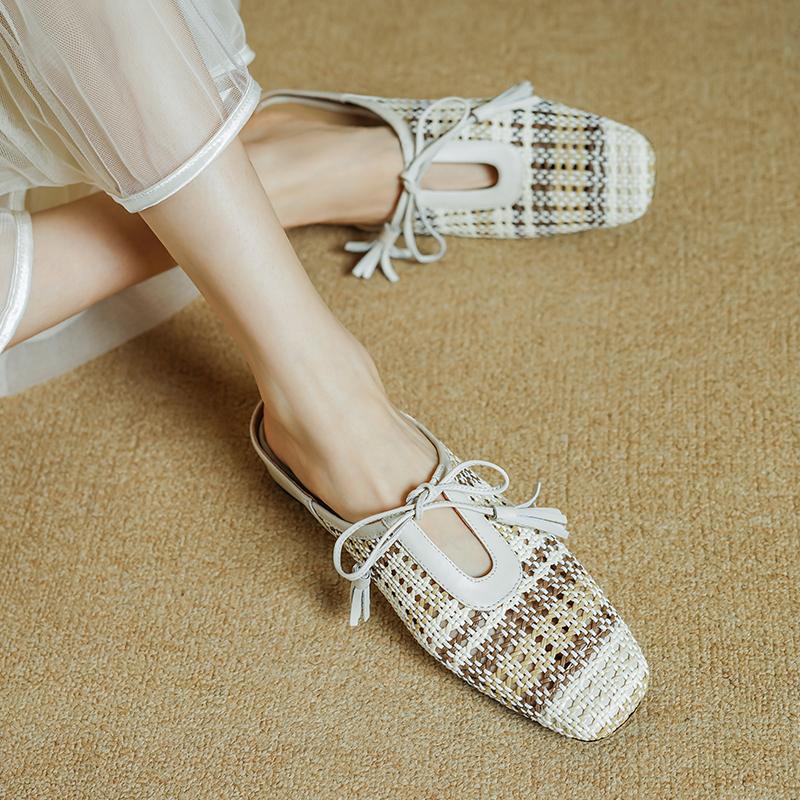 Fashion 2025 Outside NEW Summer Women Mules Women Slippers Concise Cover Toe Slingback Round Toe Low Heel Weave Modern Sandals